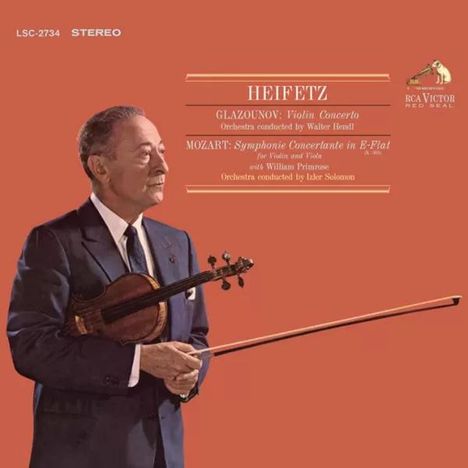 Text enthält Namen "Heifetz", "Glazounov: Violin Concerto", "Mozart: Symphonie Concertante". Mann im Anzug mit Geige.