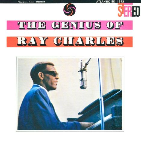 "The Genius of Ray Charles" in großen Buchstaben oben. Unten ein Mann mit Sonnenbrille am Mikrofon und Klavier.