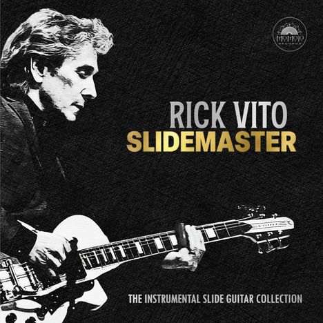 "Rick Vito Slidemaster. The Instrumental Slide Guitar Collection." Schwarze und weiße Illustration mit Gitarrist.