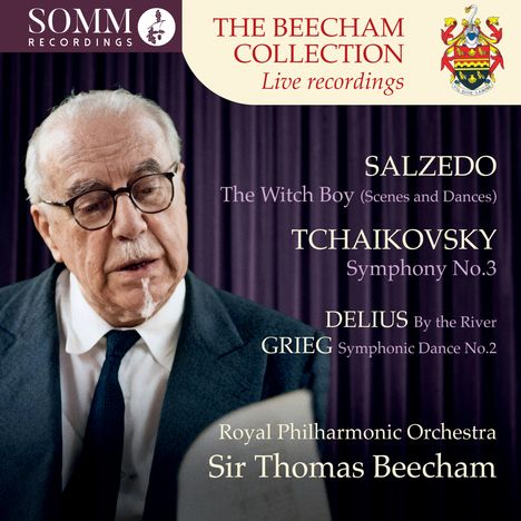 SOMM Recordings, The Beecham Collection: Salzedo, Tchaikovsky, Delius, Grieg. Royal Philharmonic Orchestra, Sir Thomas Beecham. Eine Illustration eines älteren Mannes mit Brille und Anzug.