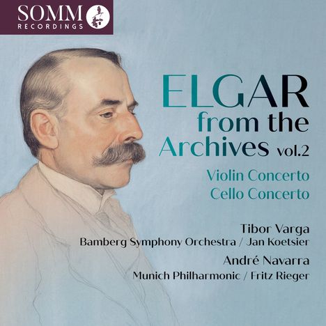"ELGAR from the Archives vol.2, Violin Concerto, Cello Concerto. Tibor Varga, André Navarra." Illustration eines Mannes im Profil.