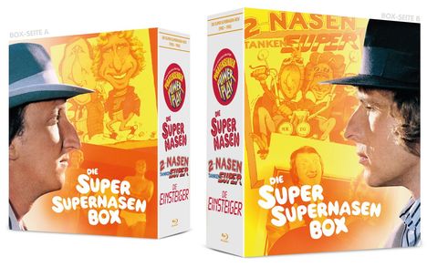 Texte: "Die Supernasen Box", "2 Nasen tanken Super", "Die Einsteiger". Zwei Männer seitlich, Comic-Zeichnungen im Hintergrund.