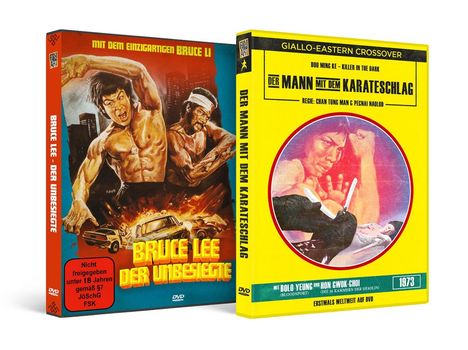 Zwei DVD-Hüllen nebeneinander mit den Titeln "Bruce Lee - Der Unbesiegte" und "Der Mann mit dem Karateschlag".
