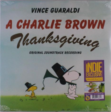„Vince Guaraldi A Charlie Brown Thanksgiving Original Soundtrack Recording“. Snoopy und Woodstock in Pilgerkleidung.