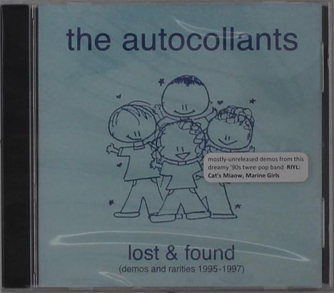 Text: "the autocollants", "lost & found (demos and rarities 1995-1997)", Hinweis auf '90s Twee-Pop-Band. Illustration: Vier lachende Figuren.