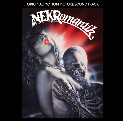 "Nekromantik" in weißer Schrift. Illustration: Eine Frau mit roten Lippen wird von einem Skelett umarmt.