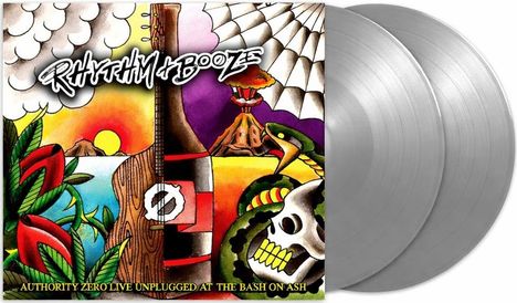 Text: "Rhythm and Booze", "Authority Zero Live Unplugged at The Bash on Ash".  
Illustration: Farbige Szene mit Gitarre, Sonnenuntergang, Schlange, Skelett.
