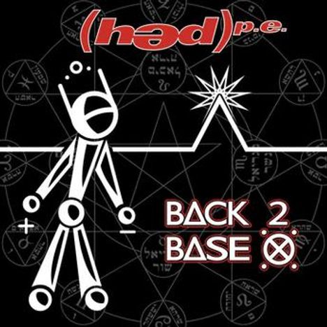 „(həd) p.e.“, „BACK 2 BASE“. Illustration: Strichfigur, Symbolik, geometrische Formen auf dunklem Hintergrund.