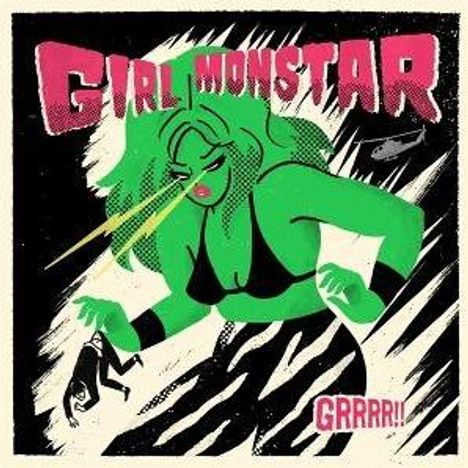 "Girl Monstar" und "GRRR!!", Illustration einer großen grünen Frau mit Laseraugen, die eine Figur hält.