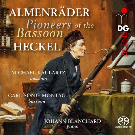 Titel: "ALMENRÄDER Pioneers of the Bassoon HECKEL". Ein Mann spielt Fagott in einem klassisch eingerichteten Raum.
