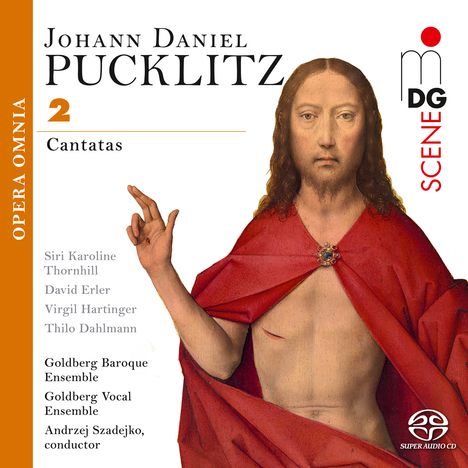 Titel: "Johann Daniel Pucklitz 2 Cantatas". Links: Figur mit rotem Mantel und erhobener Hand.