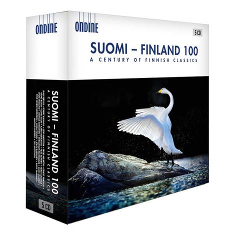 „SUOMI – FINLAND 100: A Century of Finnish Classics, 5 CD“. Ein weißer Schwan mit ausgebreiteten Flügeln auf Felsen.