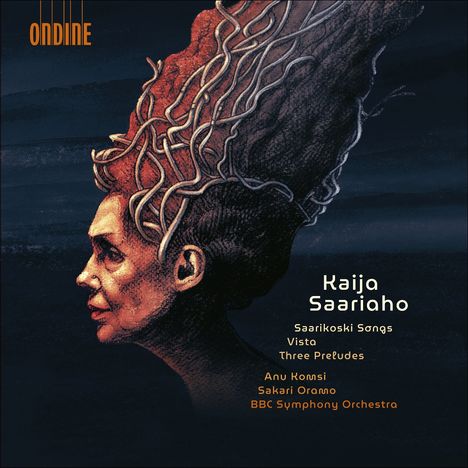 Logo "ONDINE". Namen: Kaija Saariaho, Anu Komsi, Sakari Oramo. Illustration: Gesicht mit verwobenen Haaren, dunkler Hintergrund.
