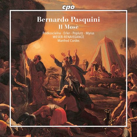 „Bernardo Pasquini Il Mosè“, Namen von Künstlern und Orchester. Historisches Gemälde mit Figuren in dramatischer Szene.