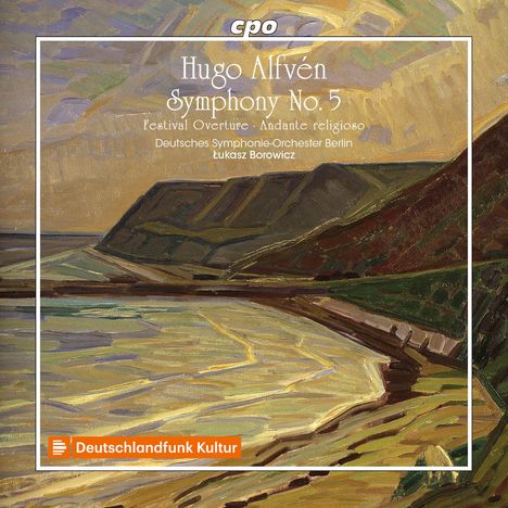 Hugo Alfvén Symphony No. 5. Küstenlandschaft in impressionistischer Art mit Klippen, Meer und Himmel. Deutschlandfunk Kultur Logo.