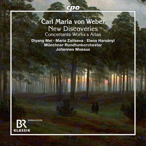 Aufschrift über Musik von Carl Maria von Weber. Waldlandschaft mit dichtem Baumbestand und Sonnenuntergang im Hintergrund.