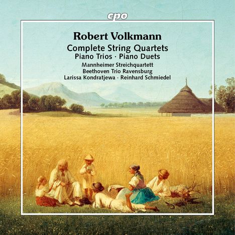 Texte: Robert Volkmann, Complete String Quartets, Piano Trios, Piano Duets, Mannheimer Streichquartett, Beethoven Trio Ravensburg, Larissa Kondratjewa, Reinhard Schmiedel. 

Illustration: Menschen ruhen im Weizenfeld mit Hütten im Hintergrund.