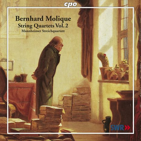 „Bernhard Molique, String Quartets Vol. 2, Mannheimer Streichquartett.“ Ein Mann in einem Raum voller Bücher.