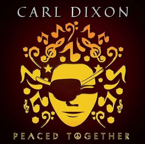 "Carl Dixon" und "Peaced Together" oben und unten. Illustration eines gelben Gesichts mit Augenklappe und Musiknoten.
