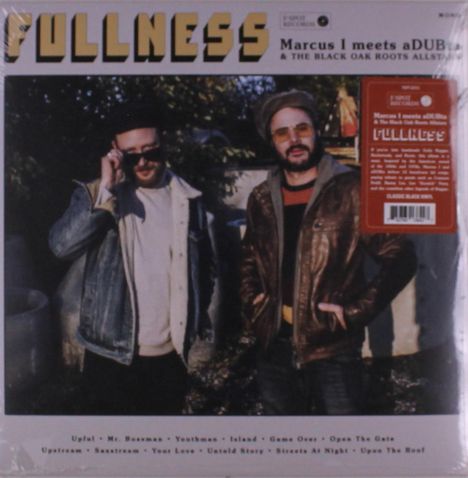 "FULLNESS" und "Marcus I meets aDUBta" stehen oben. Zwei Personen mit Sonnenbrillen, einer trägt eine Lederjacke.