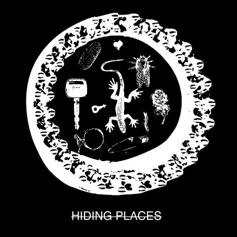 „HIDING PLACES“ steht unten. Oben eine Illustration mit Eidechse, Schlüssel, Insekt, Herz und Pflanzen in einem runden Rahmen.