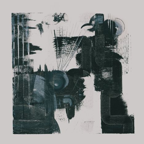 Abstrakte Illustration mit dunklen, strukturierten Formen und Linien auf hellem Hintergrund, dynamische Verteilung.