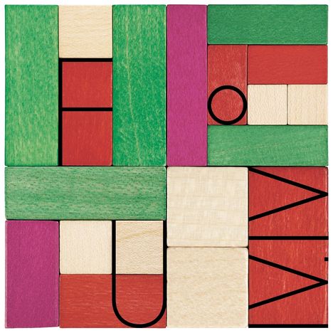 Der Text "Bauhaus" ist im Bild durch bunte Bauklötze dargestellt. Die Anordnung der Klötze bildet die Buchstaben.