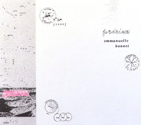 Links: Überlagerte Buchstaben und Zahlen, unregelmäßig verteilt. Rechts: Text "prerie(s)", "emmanuelle bonnet". Skizzenhafte Stempel.