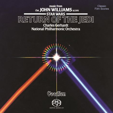 "Music from the John Williams score Star Wars: Return of the Jedi. Charles Gerhardt, National Philharmonic Orchestra." 

Farbenfrohe Lichtstrahlen kreuzen sich zentral.
