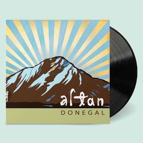 Text: "altan", "DONEGAL". Illustration einer Berglandschaft vor strahlenförmigen blauen und gelben Linien. Vinyl-Schallplatte.
