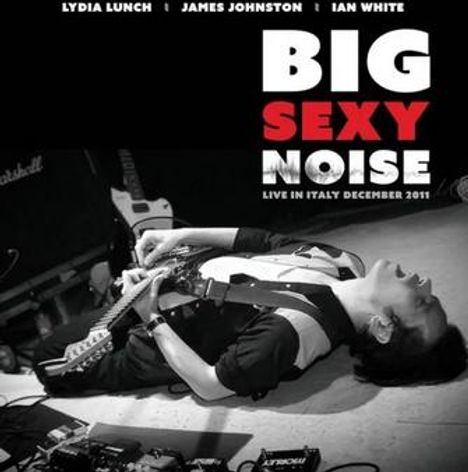 "BIG SEXY NOISE" steht in großen Buchstaben. Darunter liegt eine Person auf dem Boden mit einer Gitarre.