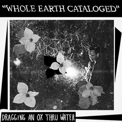 "Whole Earth Cataloged", "Dragging an Ox Thru Water". Schwarz-weiße Collage mit Blumen und einer Person.
