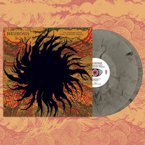 "Neurosis", "An undying love for a burning world" auf orange-gemustertem Hintergrund, mit schwarzem Sonnenmotiv. Schallplatte.