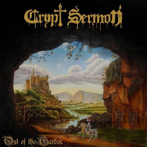 "Crypt Sermon" und "Out of the Garden" in gotischer Schrift. Landschaftsgemälde: Burg, Fluss, Ritter, rotbrauner Felsen.