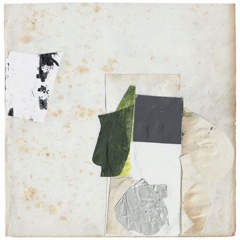 Keine erkennbaren Texte. Collage mit abstrakten Formen, Farben: Grün, Grau, Weiß, auf beigem Hintergrund.