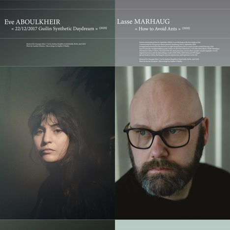 Zwei Porträts nebeneinander, links eine Frau, rechts ein Mann mit Brille. Oben stehen ihre Namen und Titel ihrer Werke.