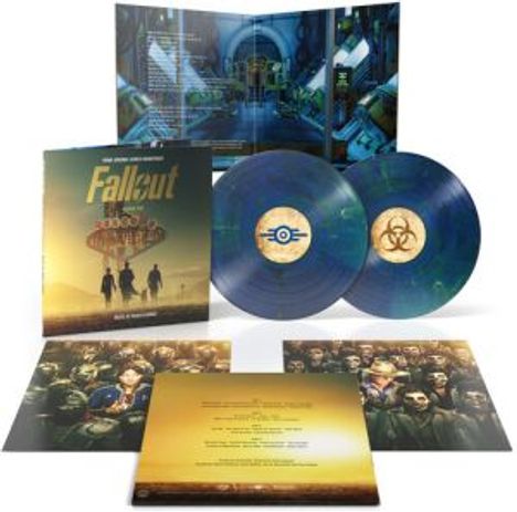 "Fallout 2000: Main Theme". Zwei blaue Schallplatten, eine mit dem Vault-Tec-Logo, die andere mit dem Biohazard-Symbol.