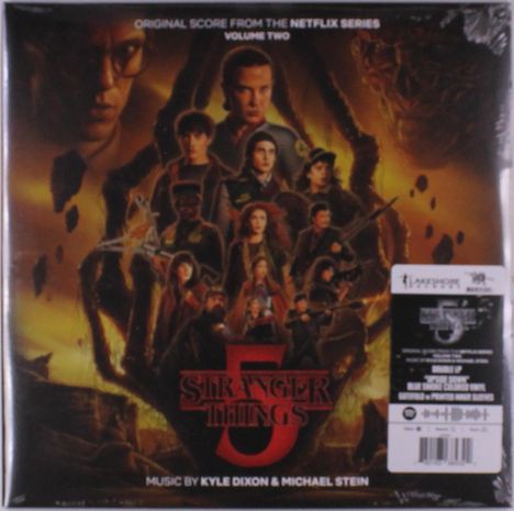 "Original Score from the Netflix Series Volume Two, Stranger Things 5. Musik von Kyle Dixon & Michael Stein." Filmplakat mit Figuren.