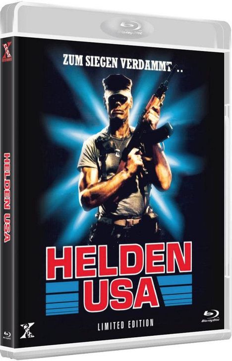 Text: "ZUM SIEGEN VERDAMMT… HELDEN USA LIMITED EDITION." Ein Mann in Uniform mit Waffe vor einem blauen Hintergrund.