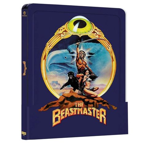 Text: "The Beastmaster". Illustration: Ein Krieger hebt ein Schwert, begleitet von einem Panther und einer Frau, vor einem großen Auge.