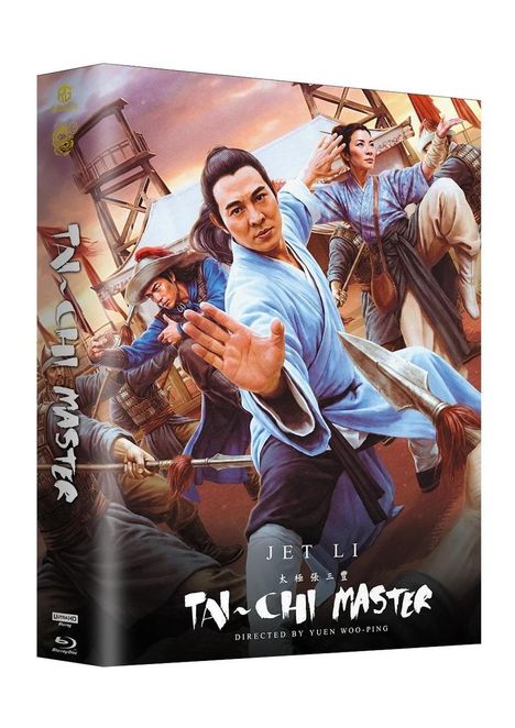 "TAI-CHI MASTER", "JET LI", "DIRECTED BY YUEN WOO-PING." Illustration mit kämpfenden Figuren in asiatischer Kleidung.