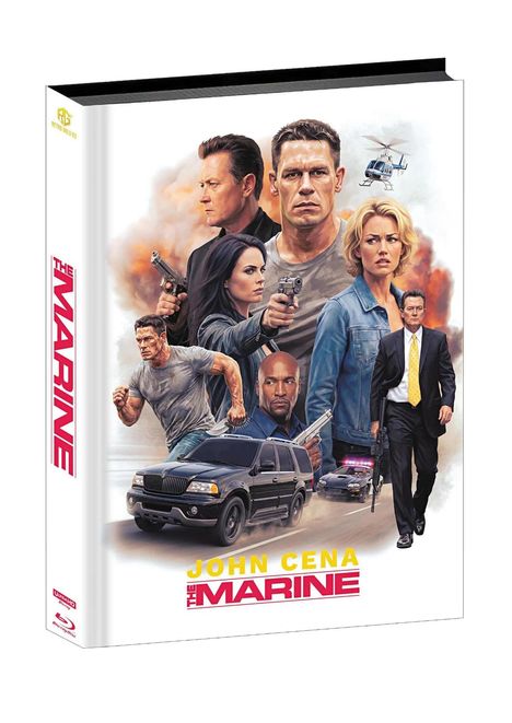 "The Marine", John Cena. Illustration mit Figuren in Aktion, Autos, Helikopter und Explosionen.