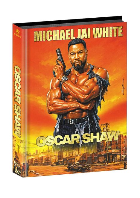Text: "MICHAEL JAI WHITE" und "OSCAR SHAW". Illustration eines muskulösen Mannes mit Pistole vor einem Stadthintergrund.