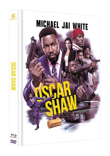 "MICHAEL JAI WHITE", "OSCAR SHAW". Illustration mit bewaffneten Menschen, Auto und großer Patronenhülse.