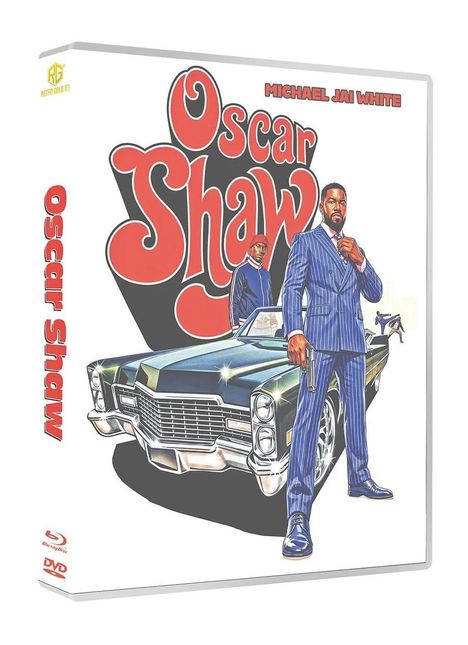 „Oscar Shaw“ in großen roten Buchstaben. Illustration: Mann im Anzug, Auto. Hinweis auf Michael Jai White.