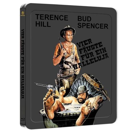 "TERENCE HILL BUD SPENCER VIER FÄUSTE FÜR EIN HALLELUJA". Zwei Männer, einer lachend mit Pistole, der andere relaxed in der Wanne.