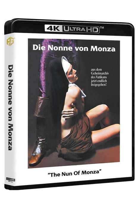 „Die Nonne von Monza“, Text: „aus dem Geheimarchiv des Vatikans jetzt endlich freigegeben!“. Nonne in Habit.
