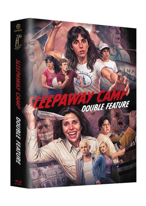 "SLEEPAWAY CAMP DOUBLE FEATURE" steht in großen roten Buchstaben. Mehrere erschrockene Gesichter, teils mit Messern.