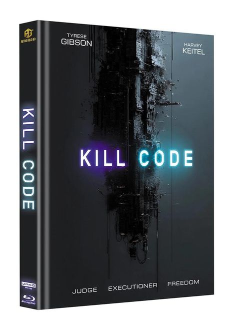 Text: KILL CODE. TYRESE GIBSON. HARVEY KEITEL. JUDGE EXECUTIONER FREEDOM. Umschlag eines Films mit futuristischem Design.