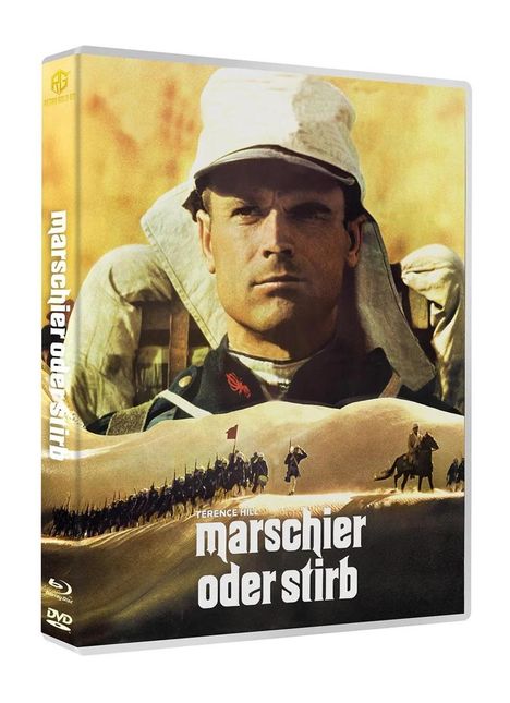 Aufschrift: "marschier oder stirb". Darunter Soldaten in der Wüste. Ein Mann in Uniform und Hut ist zentral dargestellt.